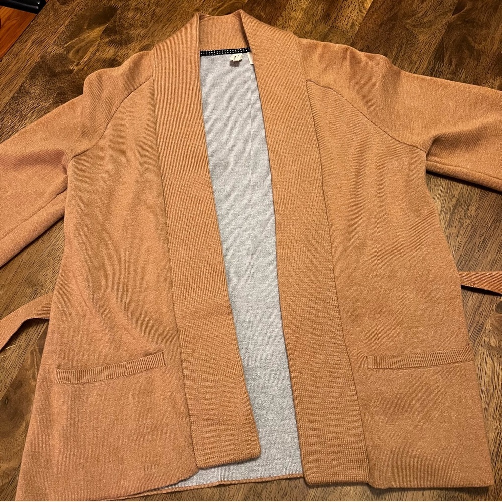 Anthropologie Moth Rizzo Belted Camel Wrap Cardigan S Sweater Tan Brown Office - Picture 5 of 13